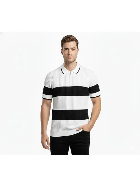 Erkek T-shirt Çizgili Triko Dokuma Kumaş Polo Yaka Yarım Fermuarlı Regular Kalıp Tişört - Beyaz