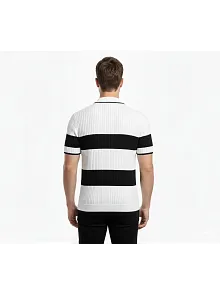 Erkek T-shirt Çizgili Triko Dokuma Kumaş Polo Yaka Yarım Fermuarlı Regular Kalıp Tişört - Beyaz