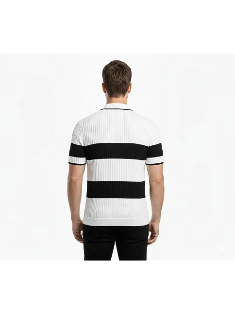 Erkek T-shirt Çizgili Triko Dokuma Kumaş Polo Yaka Yarım Fermuarlı Regular Kalıp Tişört - Beyaz