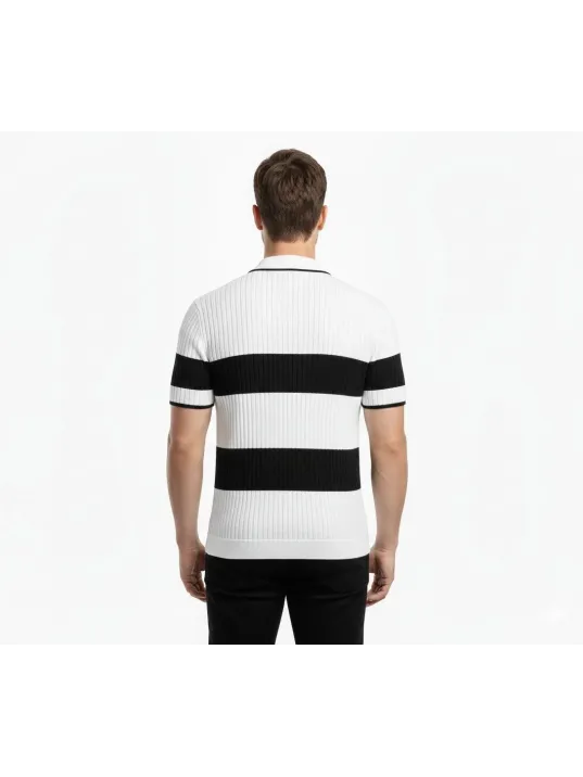 Erkek T-shirt Çizgili Triko Dokuma Kumaş Polo Yaka Yarım Fermuarlı Regular Kalıp Tişört - Beyaz
