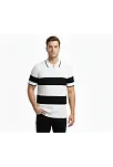 Erkek T-shirt Çizgili Triko Dokuma Kumaş Polo Yaka Yarım Fermuarlı Regular Kalıp Tişört - Beyaz