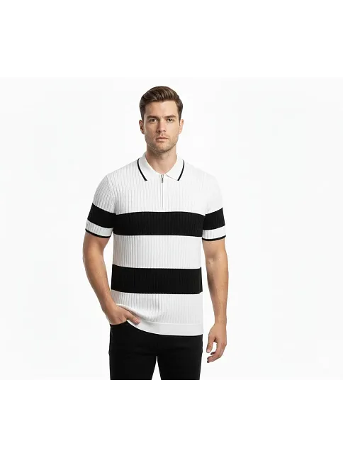 Erkek T-shirt Çizgili Triko Dokuma Kumaş Polo Yaka Yarım Fermuarlı Regular Kalıp Tişört - Beyaz