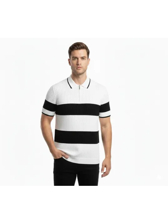 Erkek T-shirt Çizgili Triko Dokuma Kumaş Polo Yaka Yarım Fermuarlı Regular Kalıp Tişört - Beyaz