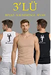 Erkek Spor Fitilli Kaşkorse Arka Basklı Atlet 3'lü Set Beyaz-siyah-kahverengi