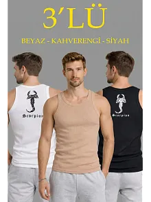 Erkek Spor Fitilli Kaşkorse Arka Basklı Atlet 3'lü Set Beyaz-siyah-kahverengi