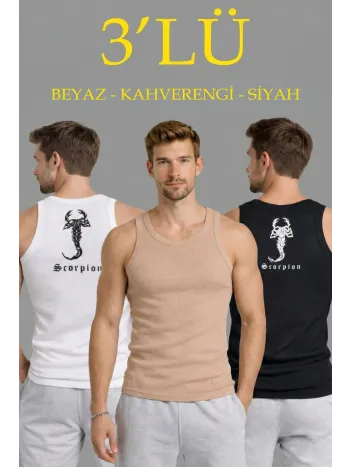 Erkek Spor Fitilli Atlet 3'lü Set Beyaz Siyah Kahverengi Slim Fit Kaşkorse Arka Baskılı