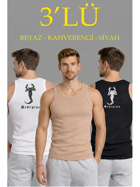 Erkek Spor Fitilli Kaşkorse Arka Basklı Atlet 3'lü Set Beyaz-siyah-kahverengi