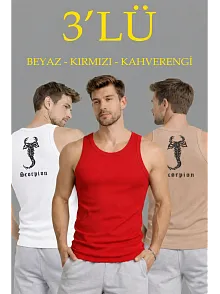 Erkek Spor Fitilli Kaşkorse Arka Basklı Atlet 3'lü Set Beyaz-kırmızı-kahverengi