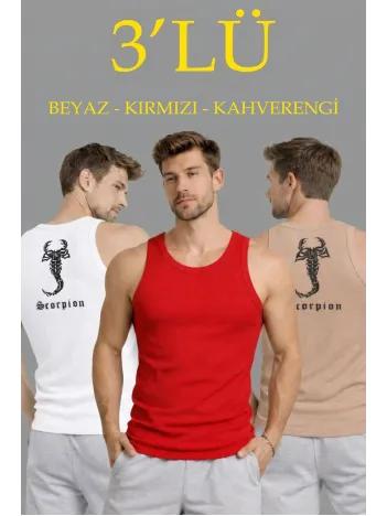 Erkek Spor Fitilli Atlet 3'lü Set Beyaz Kırmızı Kahverengi Slim Fit Kaşkorse Arka Baskılı