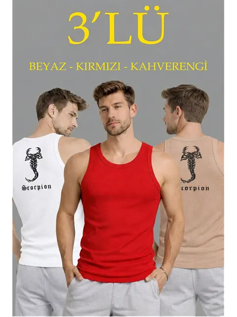 Erkek Spor Fitilli Kaşkorse Arka Basklı Atlet 3'lü Set Beyaz-kırmızı-kahverengi