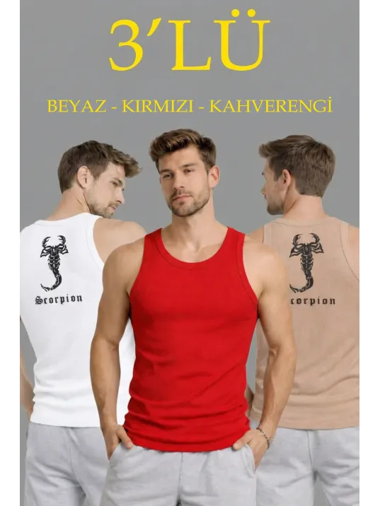 Erkek Spor Fitilli Kaşkorse Arka Basklı Atlet 3'lü Set Beyaz-kırmızı-kahverengi