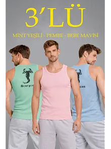 Erkek Spor Fitilli Kaşkorse Arka Basklı Atlet 3'lü Set Mint Yeşili-pembe-bebek Mavisi