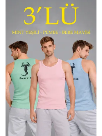 Erkek Spor Fitilli Atlet 3'lü Set Mint Yeşili Pembe Bebek Mavisi Slim Fit Kaşkorse Arka