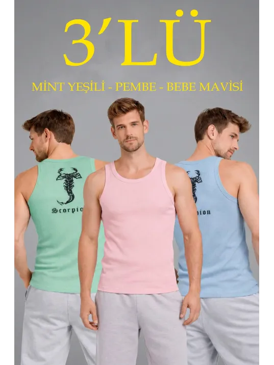 Erkek Spor Fitilli Kaşkorse Arka Basklı Atlet 3'lü Set Mint Yeşili-pembe-bebek Mavisi