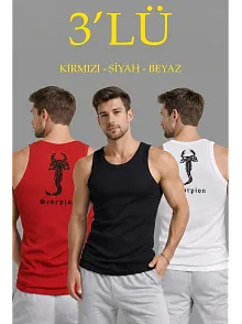Erkek Spor Fitilli Kaşkorse Arka Basklı Atlet 3'lü Set Kırmızı-siyah-beyaz