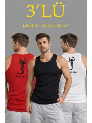 Erkek Spor Fitilli Atlet 3'lü Set Kırmızı, Siyah Ve Beyaz Slim Fit Kaşkorse Arka Baskılı Spor Atlet