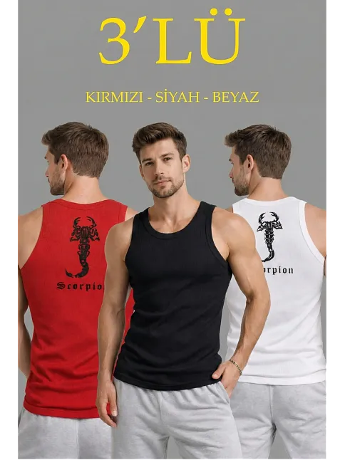 Erkek Spor Fitilli Kaşkorse Arka Basklı Atlet 3'lü Set Kırmızı-siyah-beyaz