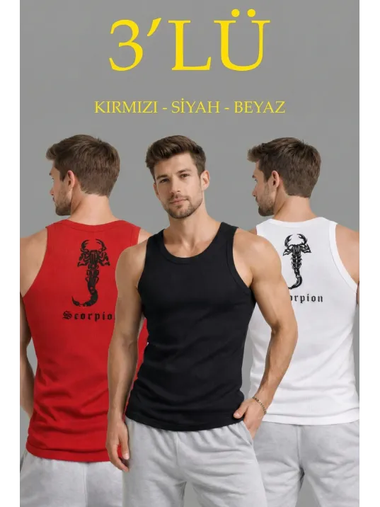 Erkek Spor Fitilli Kaşkorse Arka Basklı Atlet 3'lü Set Kırmızı-siyah-beyaz