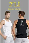 Erkek Spor Slimfit Fitilli Kaşkorse Arka Basklı Atlet 2'li Set Siyah-beyaz