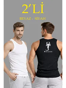 Erkek Spor Slimfit Fitilli Kaşkorse Arka Basklı Atlet 2'li Set Siyah-beyaz
