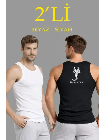Erkek Spor Fitilli Atlet 2'li Set Siyah Ve Beyaz Slim Fit Kaşkorse Arka Baskılı Spor Atlet