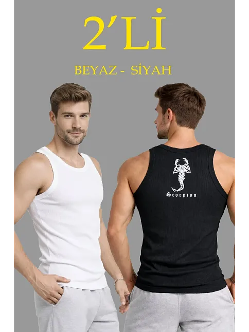 Erkek Spor Slimfit Fitilli Kaşkorse Arka Basklı Atlet 2'li Set Siyah-beyaz