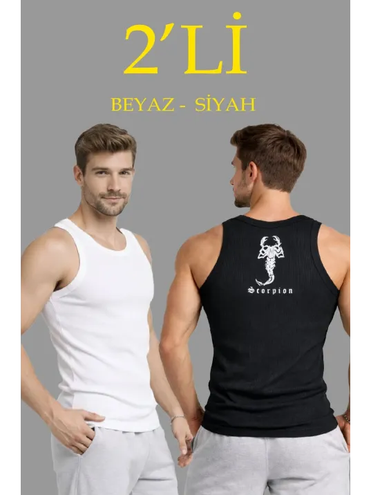 Erkek Spor Slimfit Fitilli Kaşkorse Arka Basklı Atlet 2'li Set Siyah-beyaz