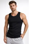 Erkek Spor Slimfit Fitilli Kaşkorse Arka Basklı Atlet 2'li Set Siyah-beyaz