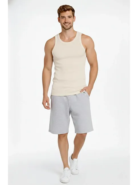 Erkek Spor Slimfit Fitilli Kaşkorse Arka Basklı Atlet 2'li Set Siyah-bej