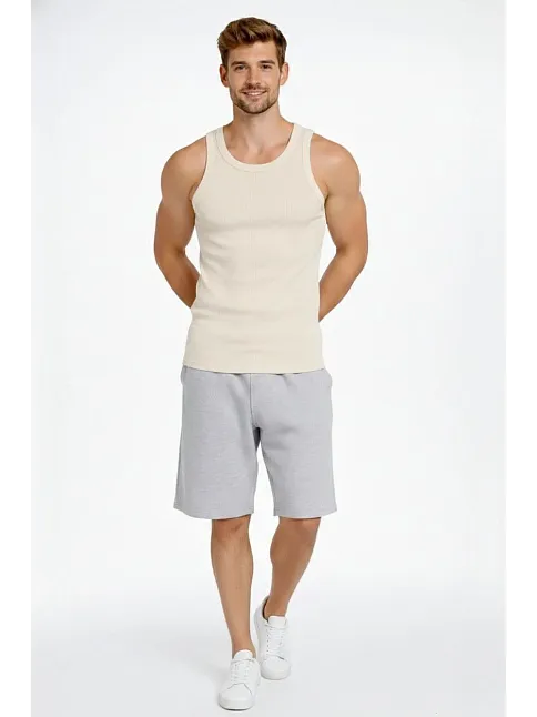 Erkek Spor Slimfit Fitilli Kaşkorse Arka Basklı Atlet 2'li Set Siyah-bej