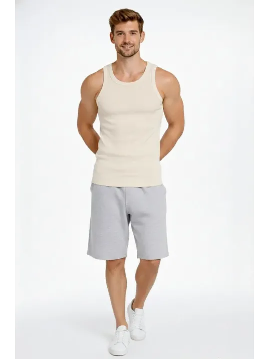 Erkek Spor Slimfit Fitilli Kaşkorse Arka Basklı Atlet 2'li Set Siyah-bej