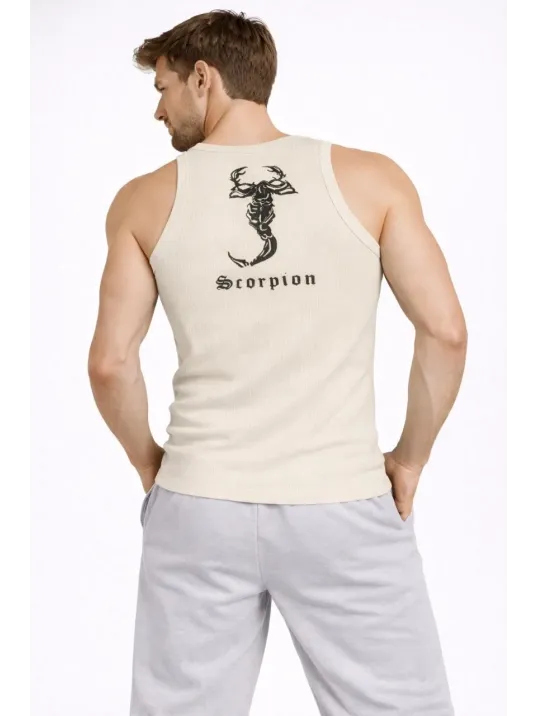 Erkek Spor Slimfit Fitilli Kaşkorse Arka Basklı Atlet 2'li Set Siyah-bej