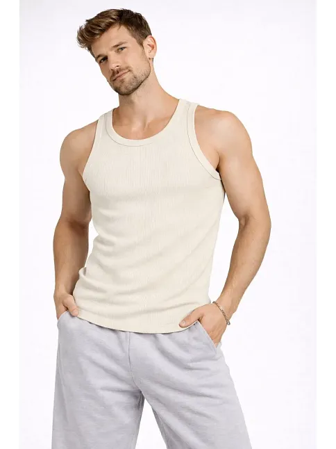 Erkek Spor Slimfit Fitilli Kaşkorse Arka Basklı Atlet 2'li Set Siyah-bej