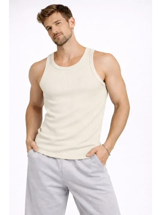 Erkek Spor Slimfit Fitilli Kaşkorse Arka Basklı Atlet 2'li Set Siyah-bej