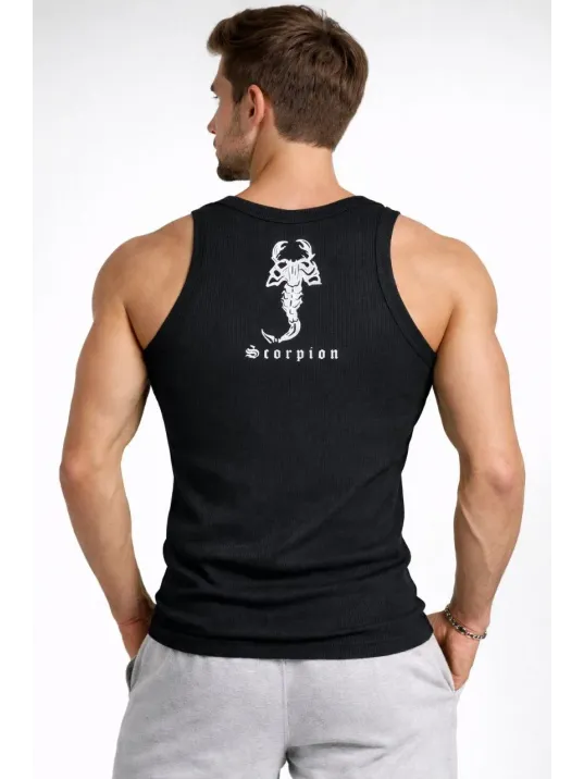 Erkek Spor Slimfit Fitilli Kaşkorse Arka Basklı Atlet 2'li Set Siyah-bej