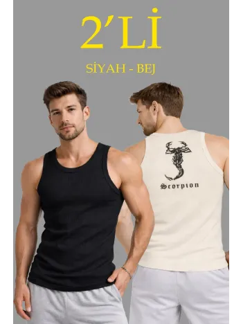 Erkek Spor Fitilli Atlet 2'li Set Siyah Ve Bej Slim Fit Kaşkorse Arka Baskılı Spor Atlet