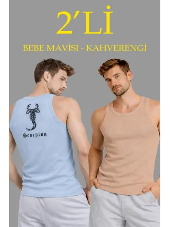 Erkek Spor Fitilli Atlet 2'li Set Kahverengi Bebek Mavisi Slim Fit Kaşkorse Arka Baskılı