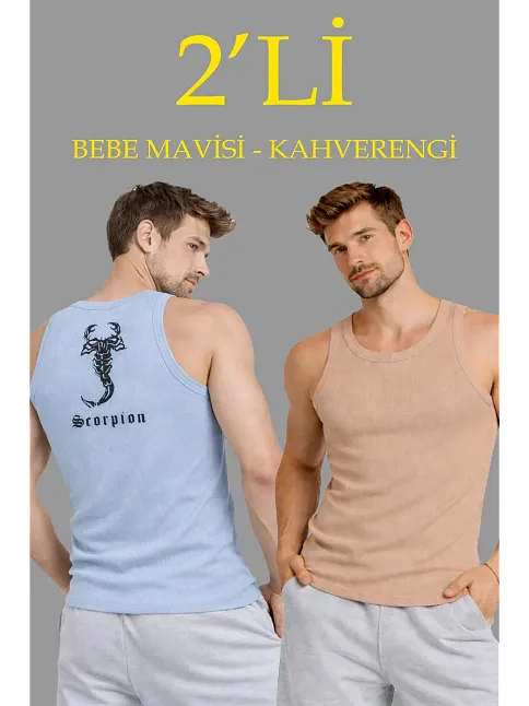 Erkek Spor Slimfit Fitilli Kaşkorse Arka Basklı Atlet 2'li Set Kahverengi-bebek Mavisi