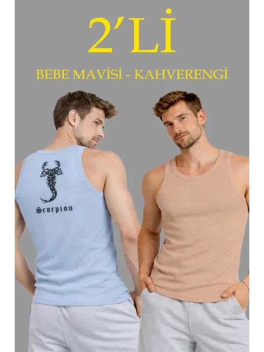 Erkek Spor Slimfit Fitilli Kaşkorse Arka Basklı Atlet 2'li Set Kahverengi-bebek Mavisi