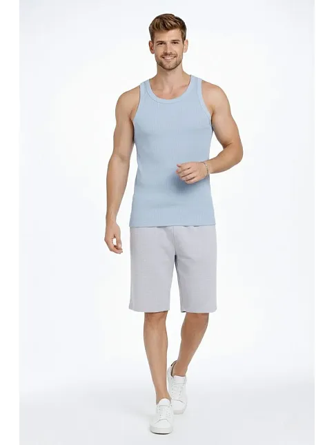 Erkek Spor Slimfit Fitilli Kaşkorse Arka Basklı Atlet 2'li Set Kahverengi-bebek Mavisi