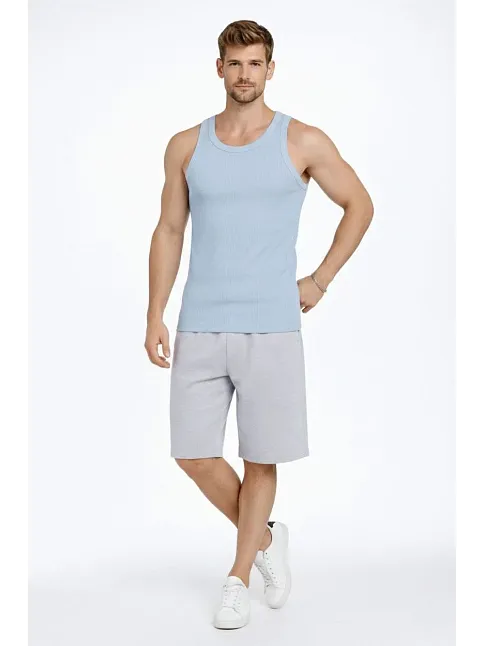Erkek Spor Slimfit Fitilli Kaşkorse Arka Basklı Atlet 2'li Set Kahverengi-bebek Mavisi