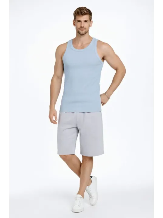 Erkek Spor Slimfit Fitilli Kaşkorse Arka Basklı Atlet 2'li Set Kahverengi-bebek Mavisi