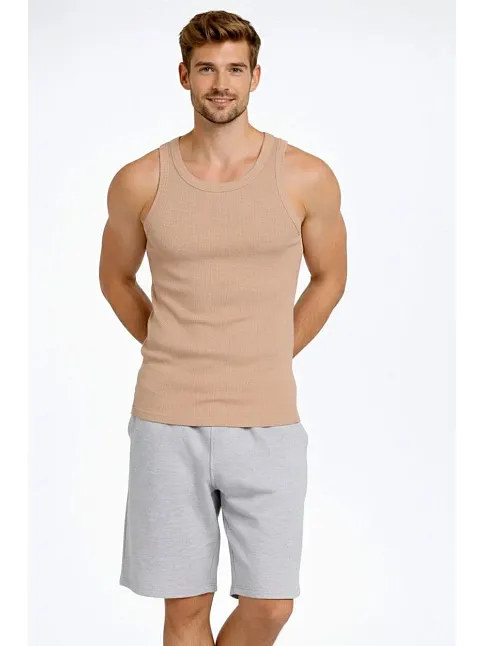 Erkek Spor Slimfit Fitilli Kaşkorse Arka Basklı Atlet 2'li Set Kahverengi-beyaz