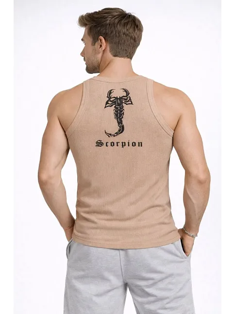 Erkek Spor Slimfit Fitilli Kaşkorse Arka Basklı Atlet 2'li Set Kahverengi-beyaz