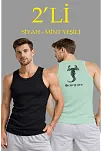 Erkek Spor Slimfit Fitilli Kaşkorse Arka Basklı Atlet 2'li Set Siyah-mint Yeşili