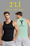 Erkek Spor Slimfit Fitilli Kaşkorse Arka Basklı Atlet 2'li Set Siyah-mint Yeşili