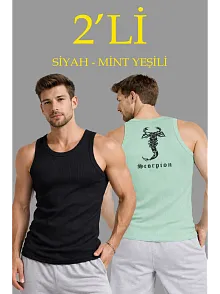 Erkek Spor Slimfit Fitilli Kaşkorse Arka Basklı Atlet 2'li Set Siyah-mint Yeşili