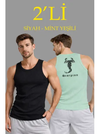 Erkek Spor Fitilli Atlet 2'li Set Siyah Ve Mint Yeşili Slim Fit Kaşkorse Arka Baskılı Spor Atlet