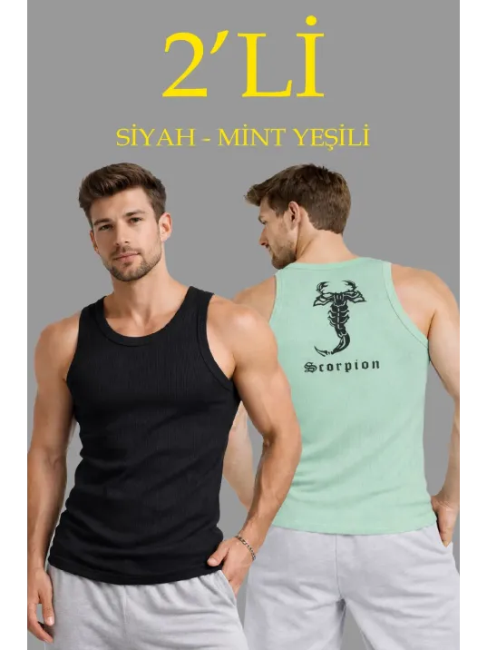 Erkek Spor Slimfit Fitilli Kaşkorse Arka Basklı Atlet 2'li Set Siyah-mint Yeşili