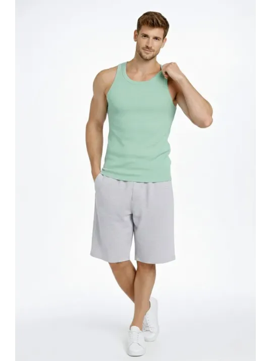 Erkek Spor Slimfit Fitilli Kaşkorse Arka Basklı Atlet 2'li Set Siyah-mint Yeşili